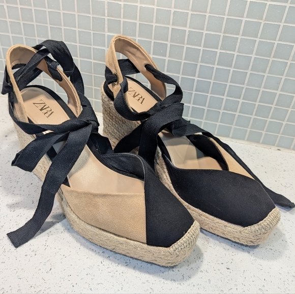 Zara Espadrille Wedge Sandals Black Tan Ankle Tie Wrap Platform Heels - Picture 10 of 14